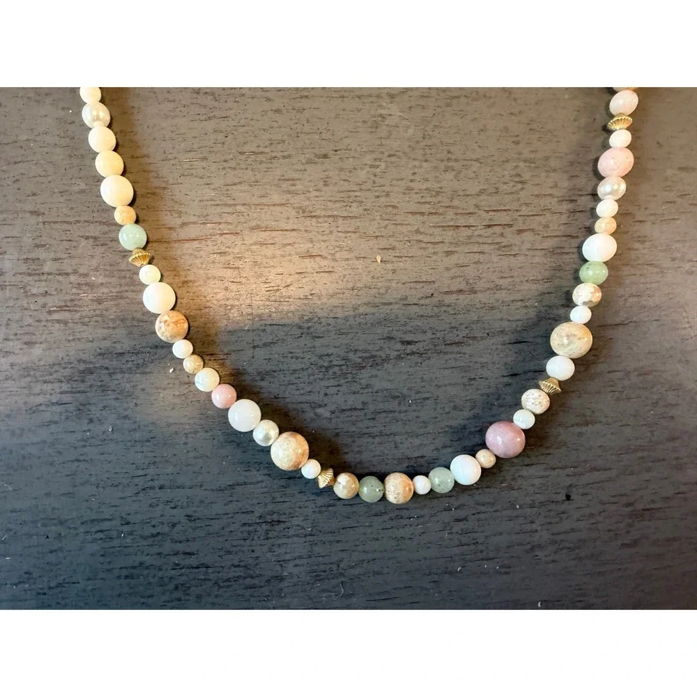Vintage Beaded Stone Faux Pearl Necklace Earth Tone Pastel Gold Tone Clasp 24in
